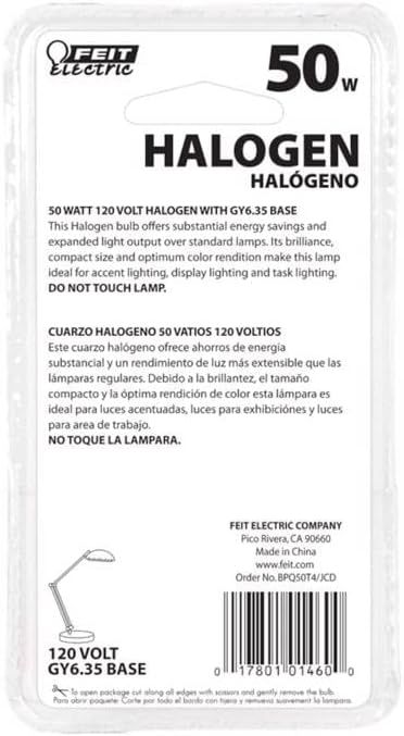Feit Electric BPQ50T4/JCD/RP 50 Watt T4 JCD Halogen Bulb with Bi-Pin Base, Clear