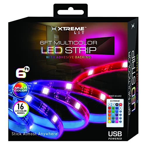 Image of XTREME 6ft Multicolor LED Strip, Customizable with Remote, 16 Color and 4 Modes, Ideal for Device Backlighting, USB-Powered from Items /Wall Adapter, Peel and Stick Installation