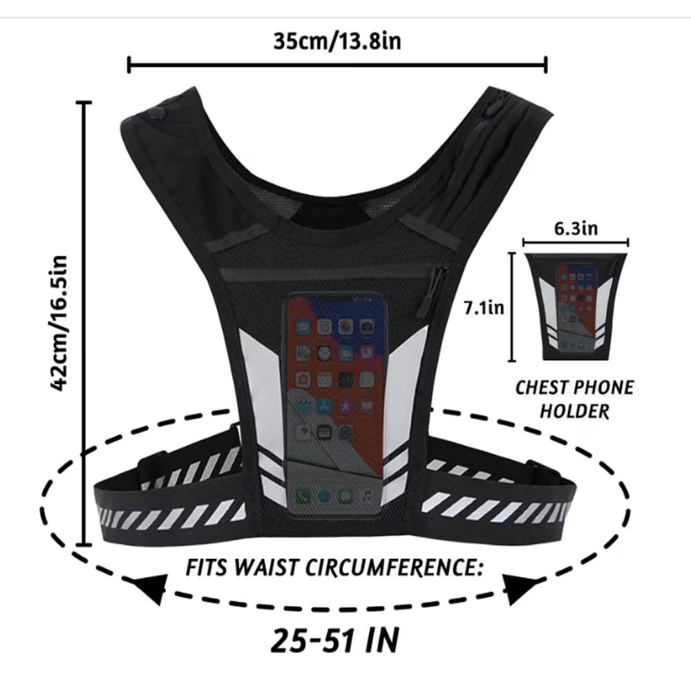Veste de Running Porte-Téléphone, Zip Reflective Vests Holds 1000ml Water Bottle,Adjustable Waistband & Breathable Materials, Chest Gear for Men/Women, Running Or Cycling