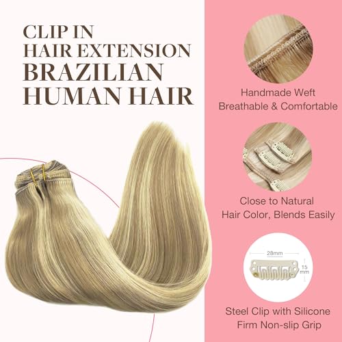 GOO GOO Clip in Human Hair Extensions, 24inch 120g 7pcs, Hair Extensions Clip in, 16/22A Light Highlight Golden Blonde - Image 3