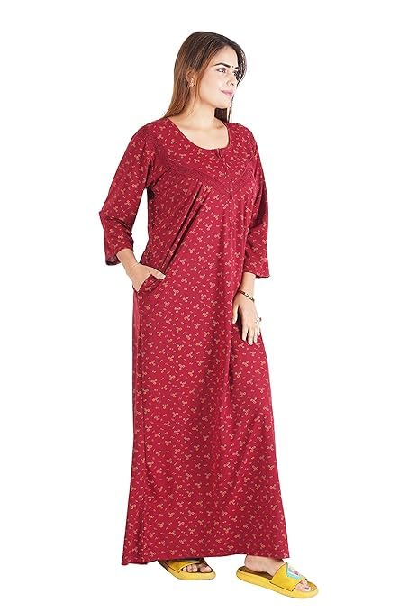 Image of Onekbhalo Women's- Full Sleeves-Feeding- Nursing- Maternity Nighty /Maxi /Gown /Nightdress /Nightwear- Hosiery Cotton Fabric- Floral Print- Embroidery with Zip