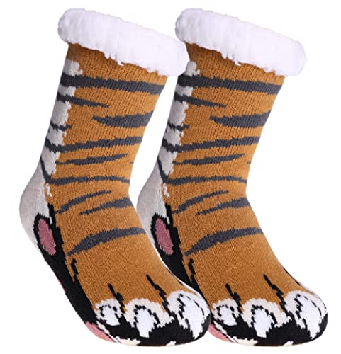 SDBING Kids Fuzzy Slipper Socks Boys Girls Soft Cozy Fluffy Grips Socks Winter Warm Non Slip Christmas Socks (8-12 Years, Tiger Paw)