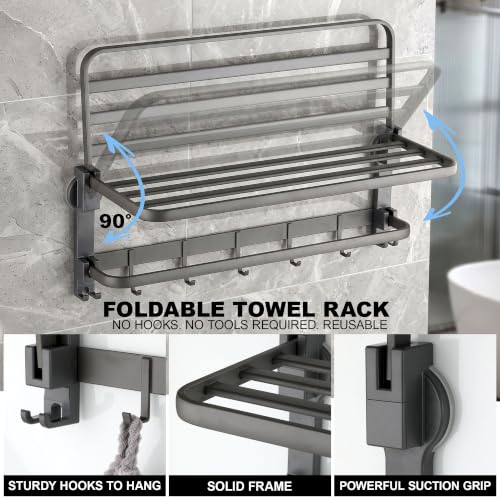 Image of Story@Home 24 Inches No Drill Towel Holder in Bathroom | Self Adhesive Towel Rod for Bathroom with Hooks | Foldable 90 Suction Cup Bathroom Aluminium Finish Towel Rack - No Drill Towel Stand - Black