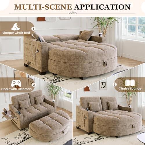 Image of 60 inch Loveseat Chaise Lounge Chair with Ottoman, Tufted Chenille Chaise Sofa with Storage & Adjustable Back / Side Table / USB Charging, Cozy Reading Lounge Chair and A Half for Living Room, Office, Khaki