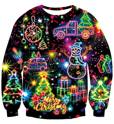 uideazone Mens Ugly Christmas Sweater 3D Neon Firework Graphic Long