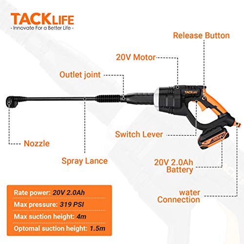 TACKLIFE Cordless Pressure Washer, 20V 2.0AH, 6-in-1 Adjustable Nozzle, 319 Max PSI Portable Power Cleaner, Suitable for Washing Cars, Cleaning floors and Watering Flowers-KDPW20A