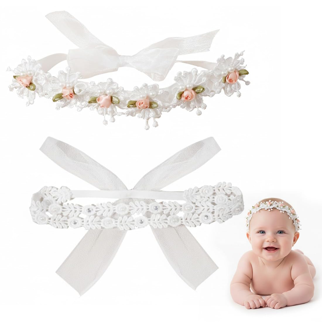 2 Pcs Fascia Per Bambini, Fasce Per Capelli Per Bambini In Pizzo, Matrimonio Bambini Fascia Neonato, Fascia Pizzo Chiffon Moda Fascia Elastica Capelli