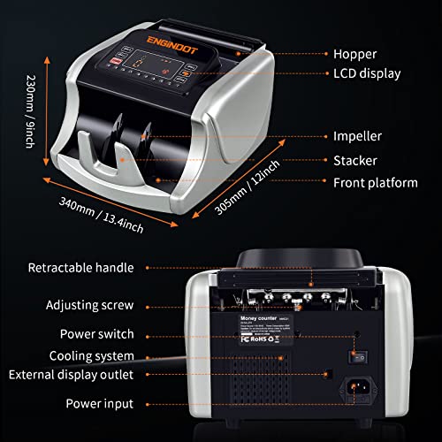 Engindot Bill Counter With Uv/Mg/Ir/Dbl/Hlf/Chn/Dd Image Counterfeit Detection, Large Led Display For Bill Counter With Abundant Accessories,Portable Handle- No Count Amounts (Silver) #TOP6