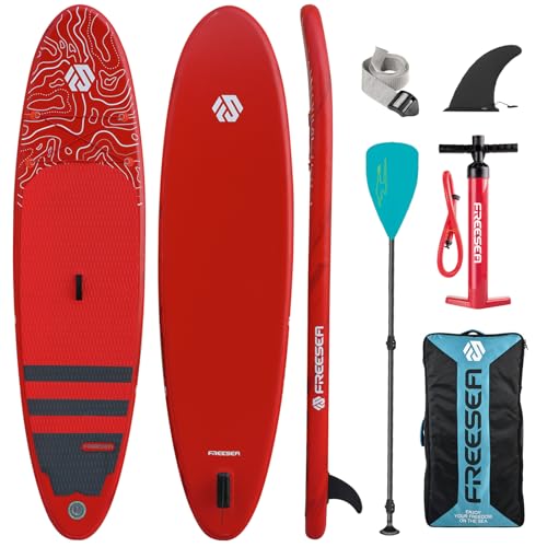 Freesea Tabla de remo inflable con accesorios de SUP de primera calidad, diseño minimalista rojo de 10 pies y 8 pulgadas, ancha, estable, antideslizante, cómoda cubierta para jóvenes y adultos