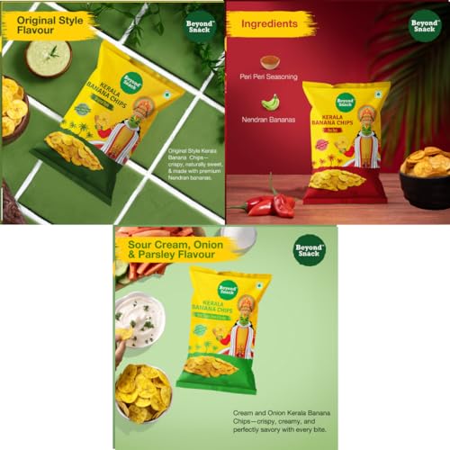 Image of Beyond Snack Nendran Kerala Banana Chips | Combo pack (Original salted, Peri Peri, Sour cream Onion & Parsley)| Thin Crunchy Crispy Snack |300g (100g*3packs) (Pack of 3)