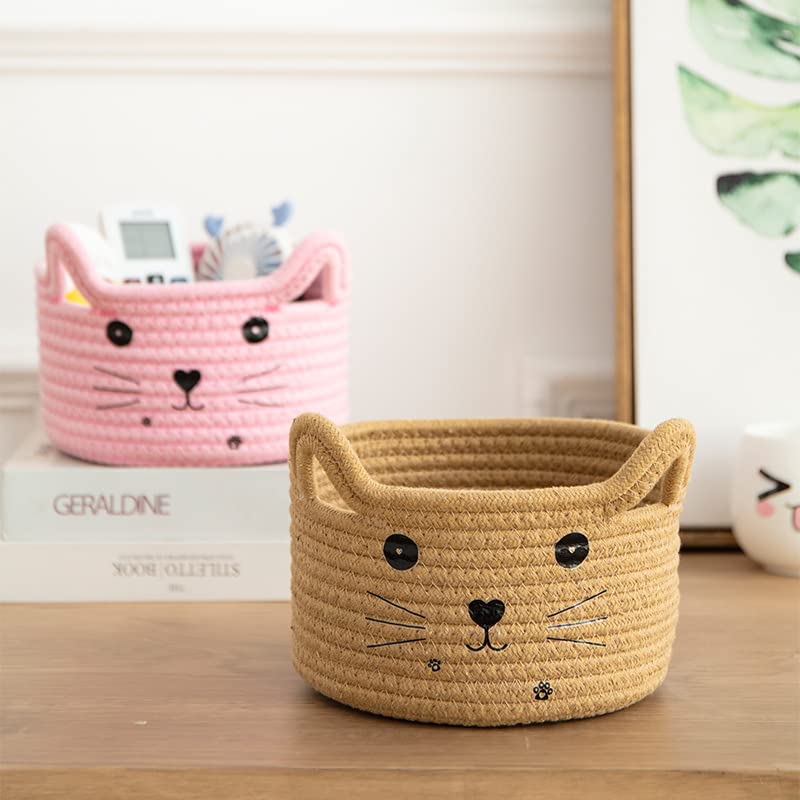 Image of Pet Toy Basket Organzier Cotton Rope Basket Cute Storage Bin Pink Baby Nursery Basket With Ears Gifts Basket For Pet Lover 8.3 x 4.7 inches,Pink