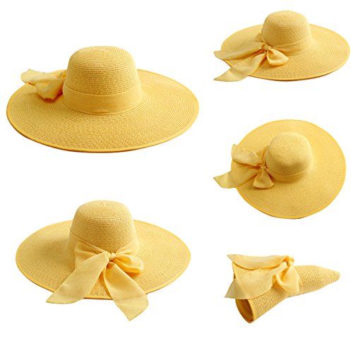 Image of Lanzom Womens Big Bowknot Straw Hat Floppy Foldable Roll up Beach Cap Sun Hat UPF 50+