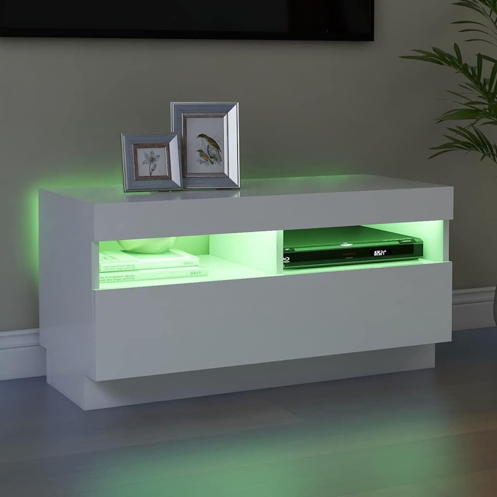 Mueble para TV con luces LED, color blanco, 80 x 35 x 40 cm, moderna consola multimedia, resistente, universal, soporte para TV para salón, dormitorio