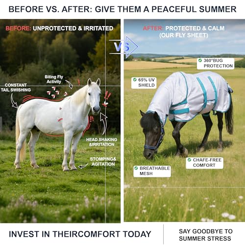 Image of Fly Sheet for Mini Horse /Pony /Foal & Weanling /Yearling /Donkey - Detachable Neck Cover & Belly Wrap, Lightweight Airflow Mesh Summer Sheet for Pasture & Stable, UV Protection White 58 inch