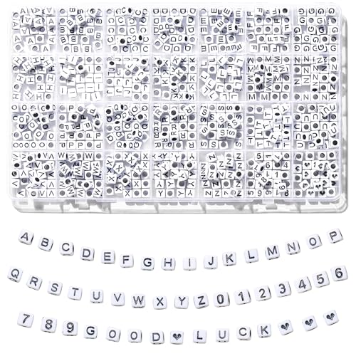 Ywmimn 730pcs Square Letter Beads 28 Styles Friendship Bracelet Kit 6x6 mm Acrylic Alphabet Beads for Bracelet and Jewelry Making(White and Black)