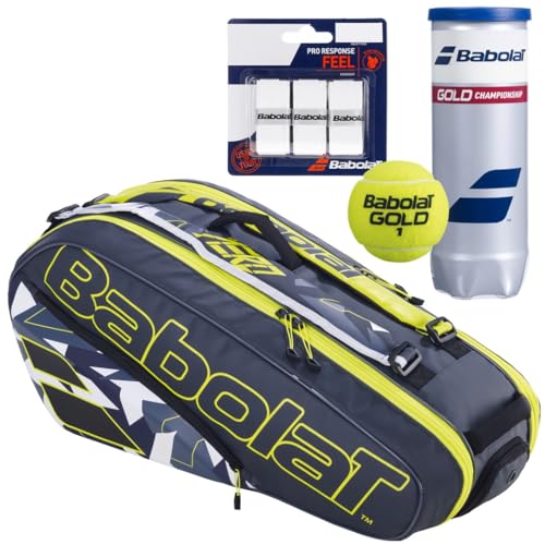 Babolat Pure Aero Racquet Holder x6 Tennis Bag (Grey/Yellow/White) with Optional Accessories