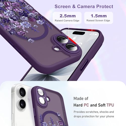 Image of Magnetic for iPhone 17 Case for Women Girls, Dark Purple Floral | Cute Oil Painting Flower Pattern Design [Compatible with MagSafe] [Full Camera Protection] Slim Bumper Matte Protective Cover