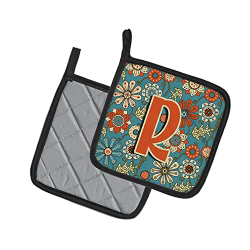 Salvamanteles de la letra R azul con flores retro para proteger ollas 3