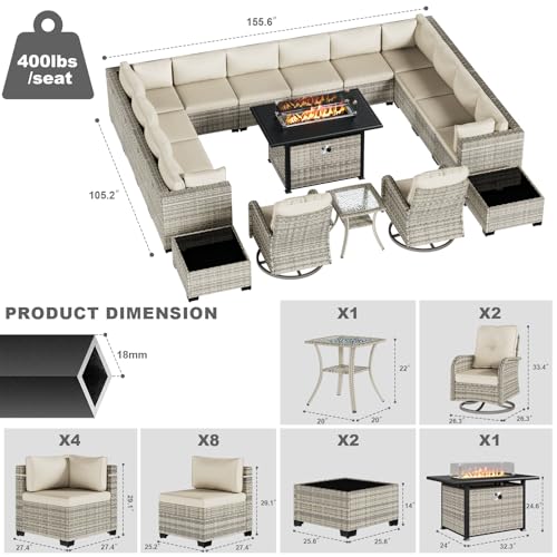 Image of 18-Piece Patio Furniture Set, Outdoor Patio Furniture with 55,000 BTU Fire Pit Table, Swivel Chairs Set, Thick Cushions, Modular Patio Sofa, Dual-Strand Wicker Rattan, Rust-Resistant Frame, Ivory