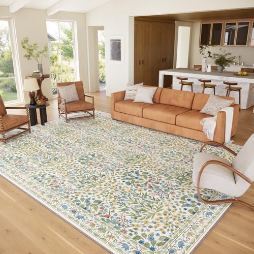 Image of Washable 9x12 Area Rug - Light Green Vintage Floral for Living Room, Dining Room Under Table & Bedroom - Soft Low Pile, Non-Slip & Stain Resistan