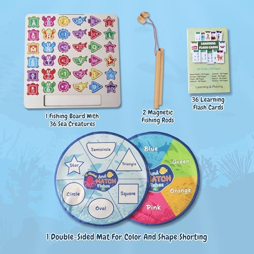 Image of Lefan Wooden 3in1 Fishing Rope Game - Educational Toys for 3 Year Old - Magnetic Rope, Spelling Learning, ABCD for Kids, Color and Shape Sorting, Montessori Kids Activity Toys, 2 Years