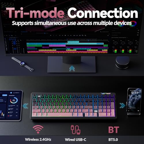 Image of LINGBAO K98 - 96% Wireless Mechanical Keyboard, Tri-Mode BT5.0 /2.4GHz /USB-C, Creamy Keyboard with Number Pad, Gasket Hot Swappable Linear Switches RGB Backlit Gaming Keyboards for Win /Mac /PC, (Pink)