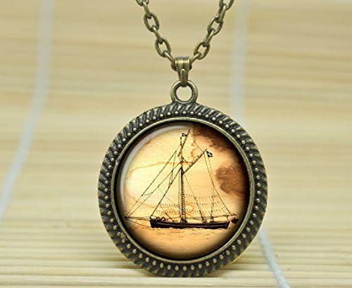 ArtShop Art Necklace Ancient Ship Pendant Old Sailboat Necklace Vintage Ship Jewelry Glass Cabochon Necklace A2582