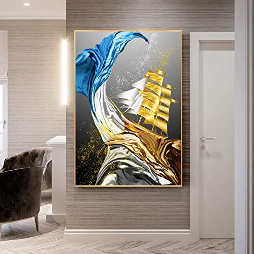 Diamond painting complet voilier d'or 80x220cm pour décoration murale de salon