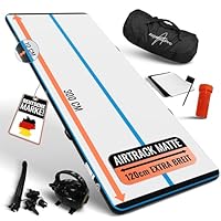 AthleticPro Airtrack Matte [3m/4m/5m Lang] 120cm Extra Breit - 10/20cm Höhe - Aufblasbare Turnmatte für Bodenturnen & Akrobatik inkl. elektrischer Pumpe, Reparaturset & Tasche