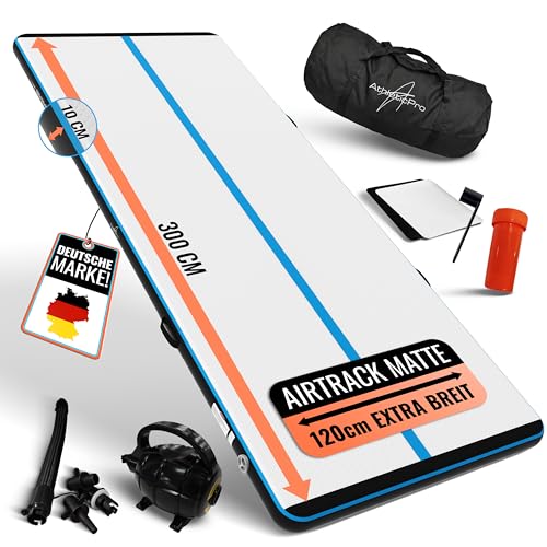 AthleticPro Airtrack Matte [3m/4m/5m Lang] 120cm Extra Breit - 10/20cm Höhe - Aufblasbare Turnmatte für Bodenturnen & Akrobatik inkl. elektrischer Pumpe, Reparaturset & Tasche