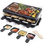 HengBO Raclette Grill for 8 People Electric Grill Plate for Cooking Teppanyaki Barbecue Table with 8 Mini Cooking Pans and 4 Wooden Spatulas Easter 1300W