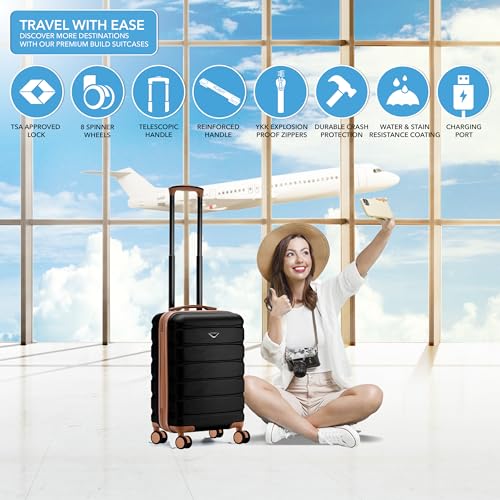 Carry On Suitcase Hardside TSA Lock & USB Port Silent Double Spinner Wheels Maximum Carry-On Bag For Canada Air Approved Airlines( 21.5x15.5x9" ,Black/Tan )2