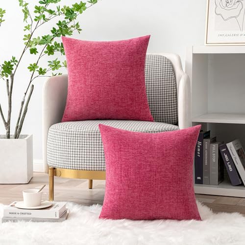 Image of MIULEE Pack of 2 Couch Throw Pillow Covers 16x16 Inch Soft Hot Pink Chenille Pillow Covers for Sofa Living Room Solid Dyed Pillow Cases
