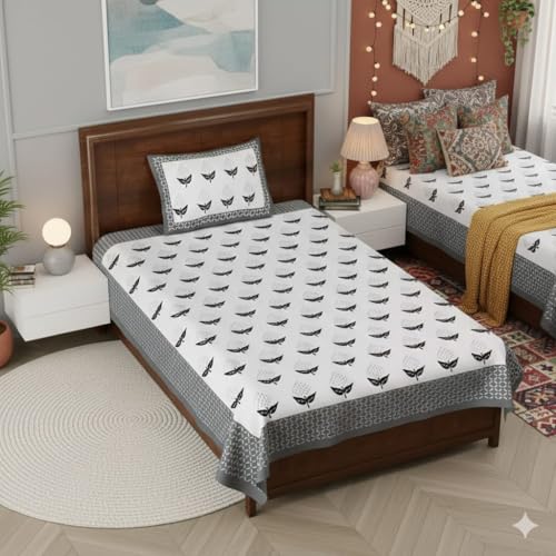 Image of Pure Cotton Single Bedsheet with 1 Pillow Cover, 220 TC Premium Jaipuri Bedsheet for Single Bed | 60x90 Inch - Multicolor Floral Print