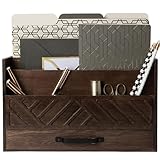 BLU MONACO Mail Organizer for Desk – Brown Wooden Mail Sorter with Drawer and 6 Compartments – Rustic Letter Organizer with Black Handle – Desktop File Holder for Home Office, Entryway, or Kitchen