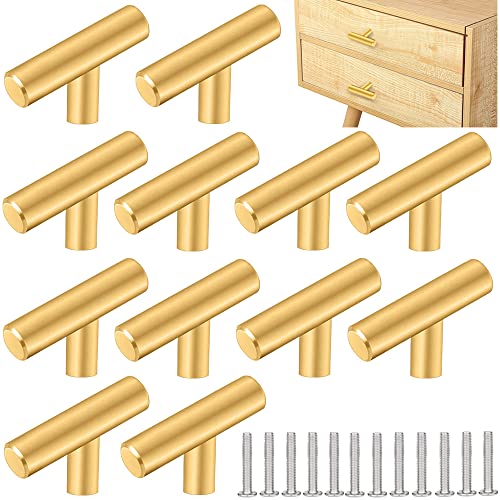 ZACUDA 12 PCS Tirador de Cocina en Forma de T Oro Tiradores para Cajones de Acero Inoxidable Tiradores de Muebles Modernos con Tornillos Perillas Diseño en T para Puertas para Armario Gabinete Puerta