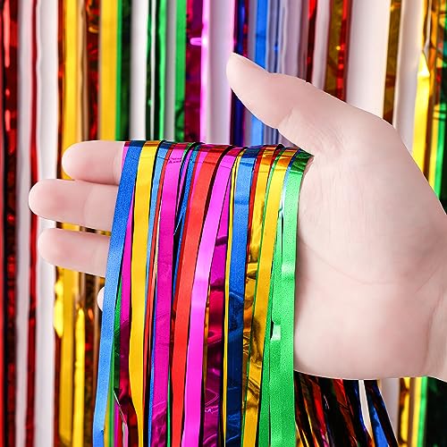 Image of Voircoloria 4 Pack 3.3x8.2 Feet Rainbow Foil Fringe Backdrop Curtains, Tinsel Streamers Birthday Party Decorations, Fringe Backdrop for Graduation, Baby Shower, Gender Reveal, Disco Party