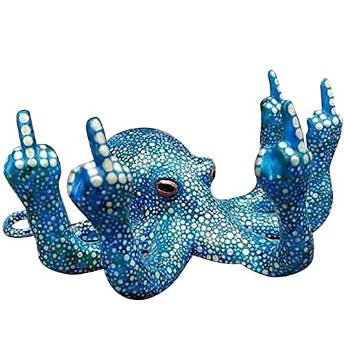 Middle Finger Octopus Statue Anger Octopus Creative Decorative Sculpture Luminous Gesture Octopus with Mother of Pearl for Garden Home Decoration Sculpture Garden Ornaments Resin Figurine (Blue)