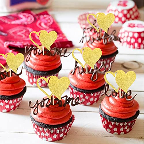 Zhuoweism ZW315-GOLD 24 Pcs Double Heart Cupcake Toppers Glitter Hollow Sweet Love Valentine'S Day Cupcake Picks Decorations For Valentine'S Day Theme Wedding Engagement Bridal Shower Birthday Party Supplies Gold thumb #4