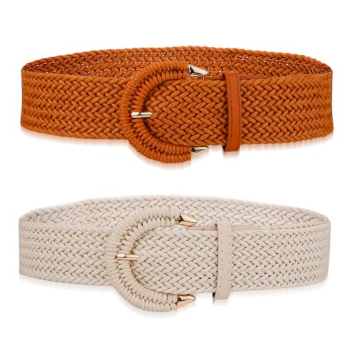 2pcs Women Braided Rattan Belt, Woven Waist Belt Straw Elastic Waist Belts with Half-Circle Button Boho Wide Rattan Belt for Dress Jeans (Khaki, Camel)