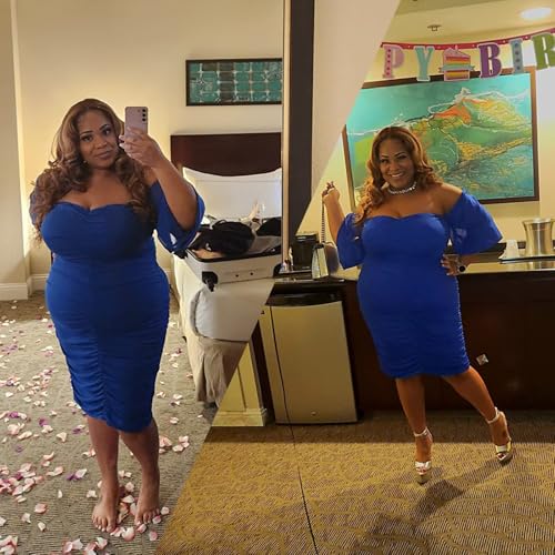 Image of EDITCOZY Women Plus Size Dresses Curvy Off Shoulder Long Sleeve Cocktail Wedding Guest Bodycon Club Midi Dress