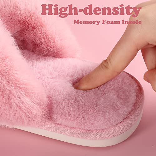 Ankis Pink Womens Fuzzy Slippers - 2Pair Cozy, Soft, Comfy, Relax Fluffy Slippers, Cross Band, Open Toe, Non-Slip Womens Slippers, Indoor And Outdoor Fluffy Slippers, Fuzzy Slippers Szie 9-10 #TOP3