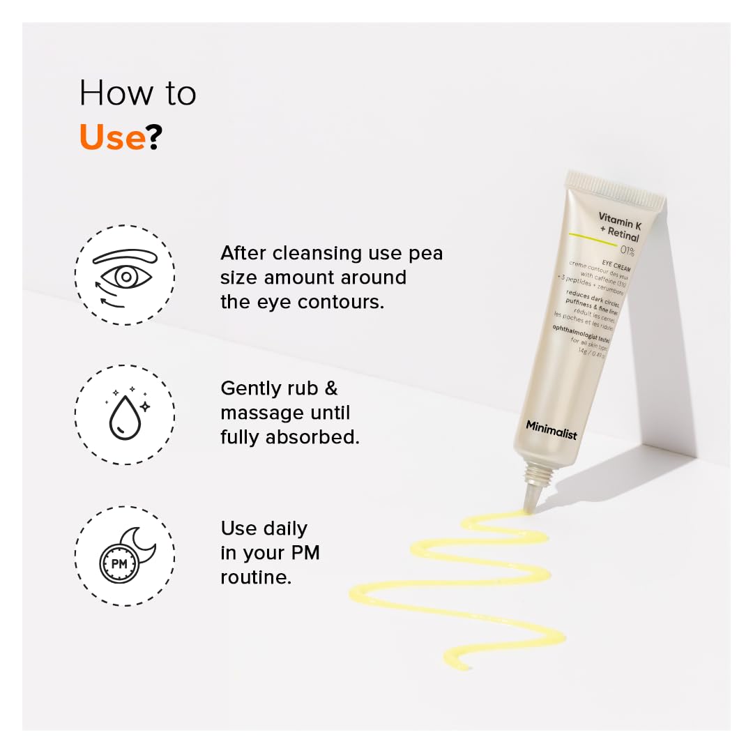 Minimalist Vitamin K + Retinal 01% Under Eye Cream | Reduces Dark Circles, Wrinkles & Fine Lines | With Caffeine for Puffiness | For Women & Men | 14 gm 2