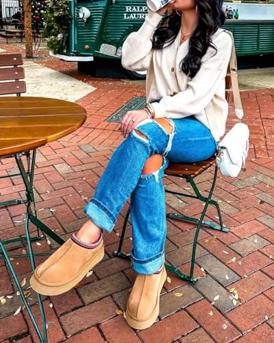 Image of Platform Slippers Mini Boots for Women Fleece Lined Snow Boots Anti-Slip Snow Platform Slippers for Women Winter Outdoor