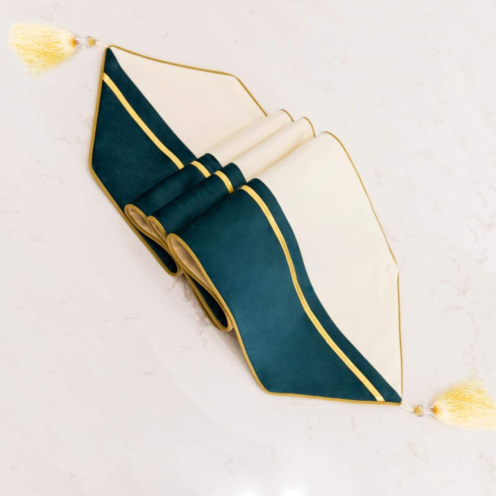 Avigers 12 x 90 Inch Decorative Luxury Green Teal White Gold Leather Striped Patchwork Velvet Table Runners with Tassels for Home Living Room Bedroom Art Decor Wedding