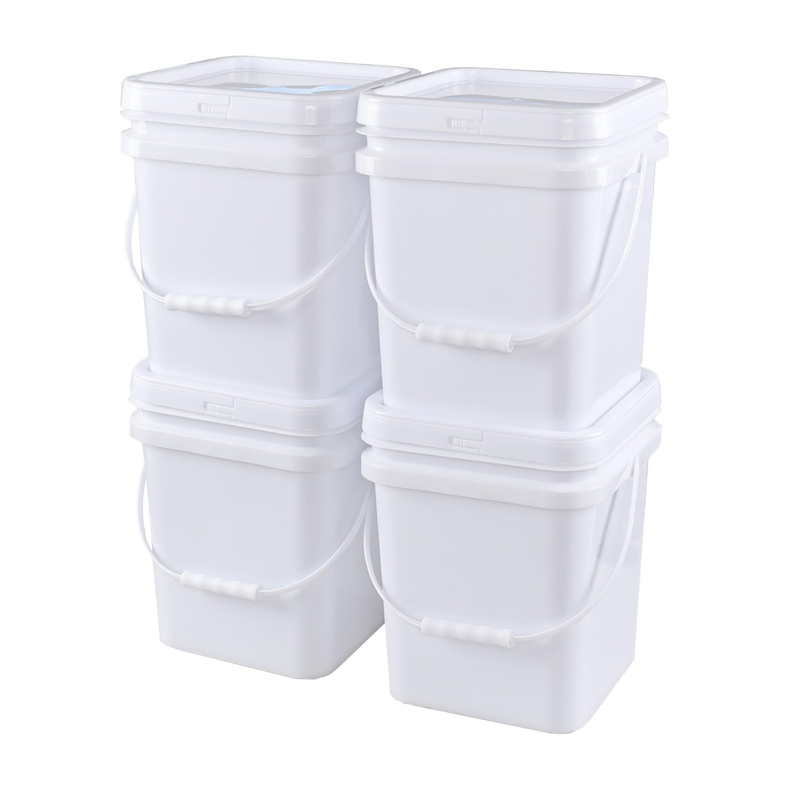 Bringer 4 Pcs 5 Gallon Square Plastic Bucket Pail with Lid, White Utility Square Food Storage Pail