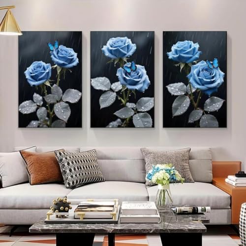 Lámina decorativa de mariposas y rosas azules en tres lienzos de 40x60cm para salón moderno