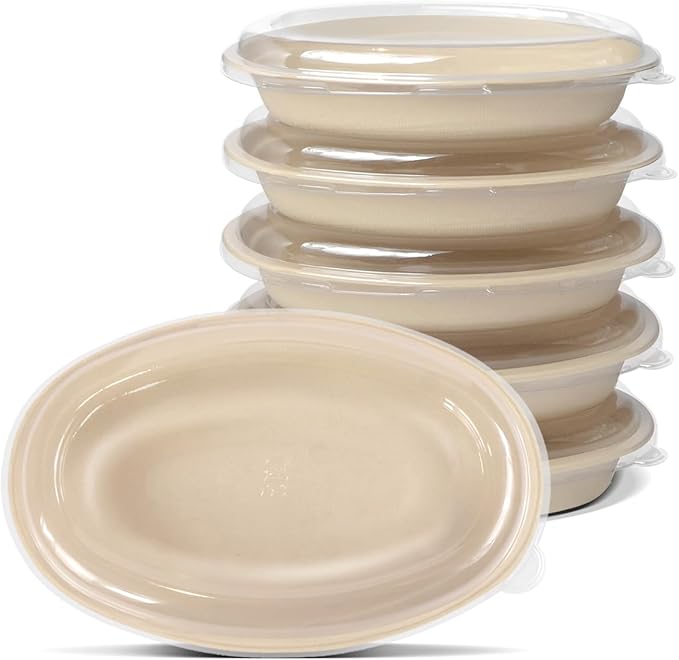 Celel 50 Pack 28 Oval Paper Bowls with Lids, Microwavable Oval Disposable Containers for Burrito, Salads, Pasta, Com-postable Meal Prep Food Containers - 50 Bowls 50 Lids