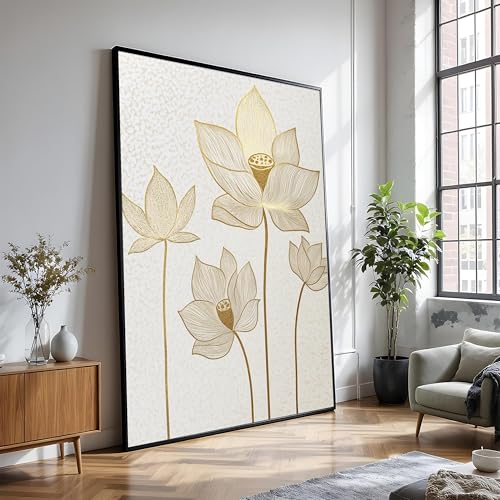 Décoration botanique sur toile haut de gamme motif lotus dorés 80x110cm