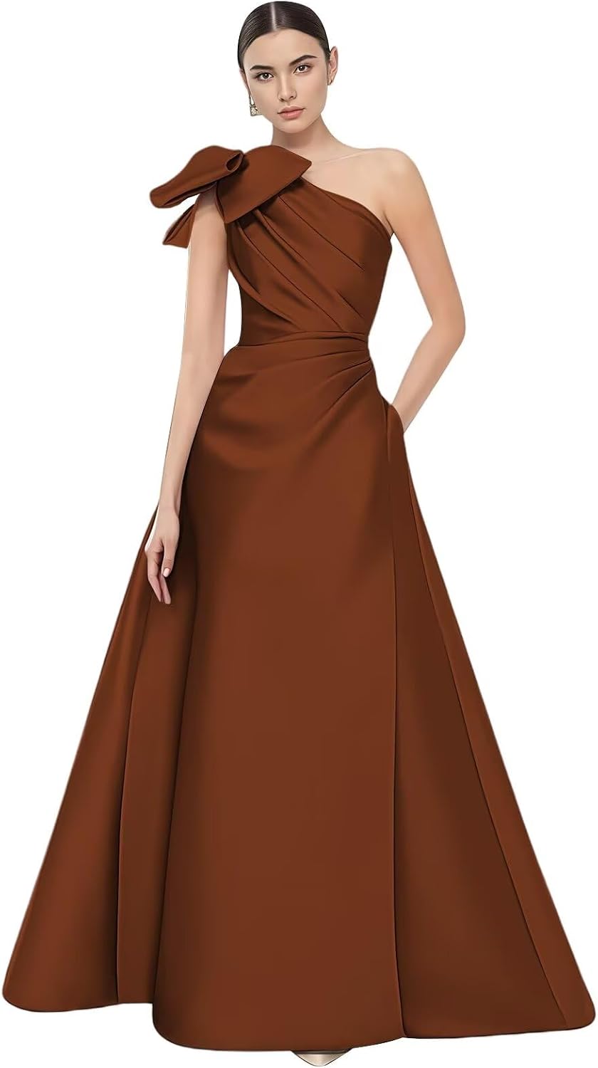 Satin Prom Dress for Women 2026 One Shoulder A Line Formal Evening Gown with Bow